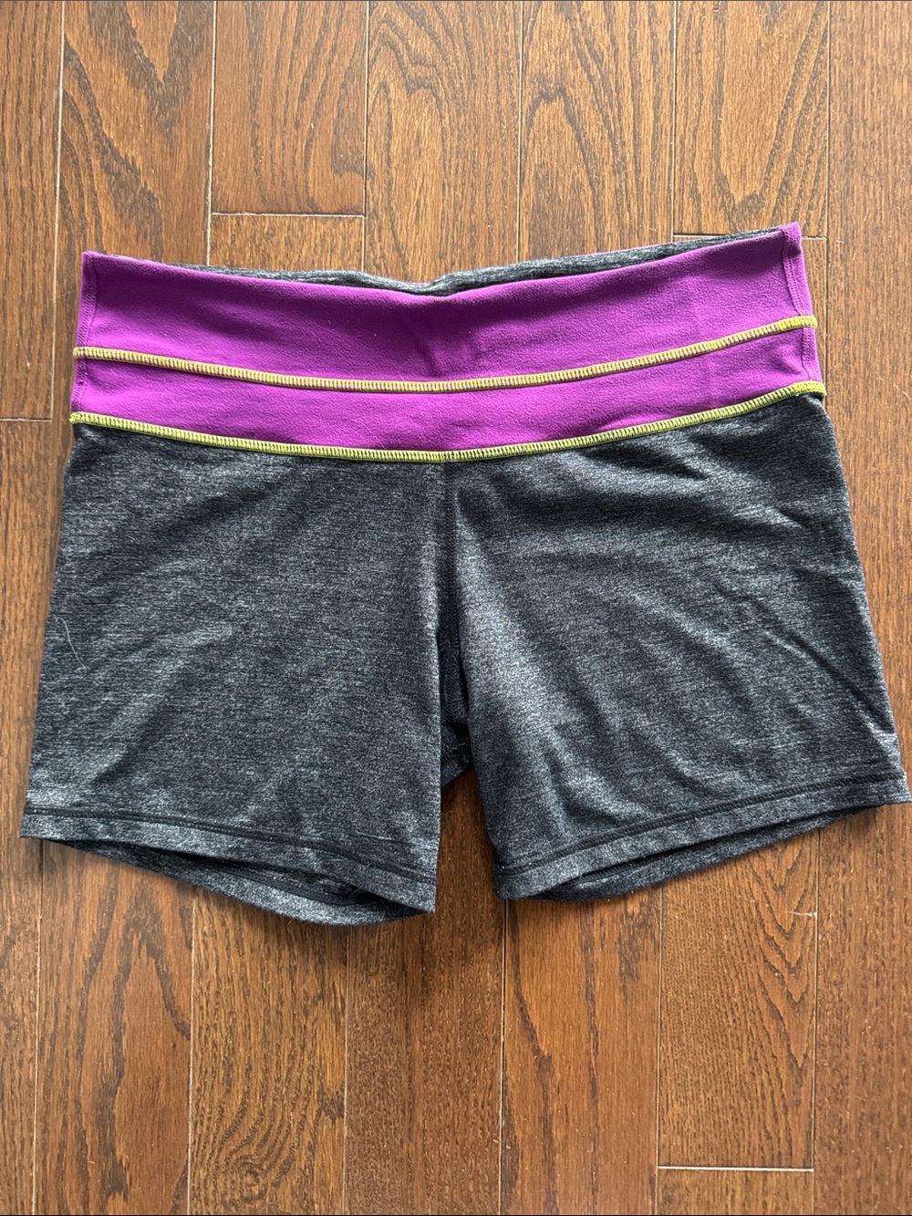 lululemon athletica Charcoal Shorts with Purple Waistband and Yellow Stitching